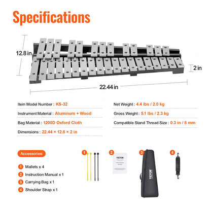 32-Noten-Glockenspiel-Xylophon-Glockenset mit Schlägeln, Trommelstöcken und Tasche