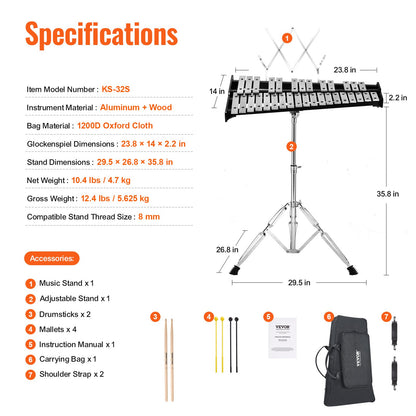 32-Noten-Glockenspiel-Xylophon-Glockenset mit Schlägeln, Trommelstöcken und Ständer