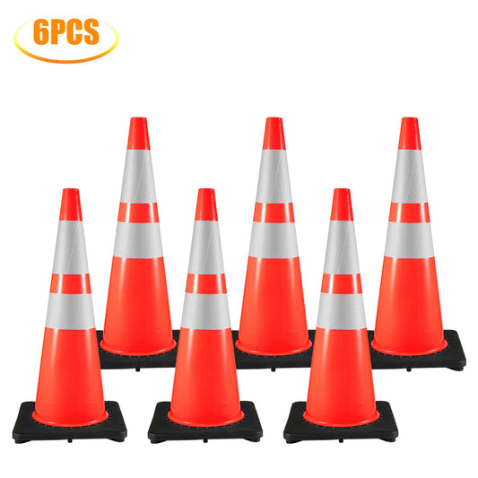 6Pack 36\" Trafikkoner, Säkerhetsvägparkeringskon med svart vägd bas, PVC Orange Trafiksäkerhetskoner, Farokoner Reflekterande kragar för byggnadstrafikparkering