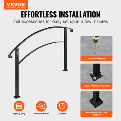 3FT Adjustable Wrought Iron Handrail Fits 3-Step Outdoor Stairs/Staircases