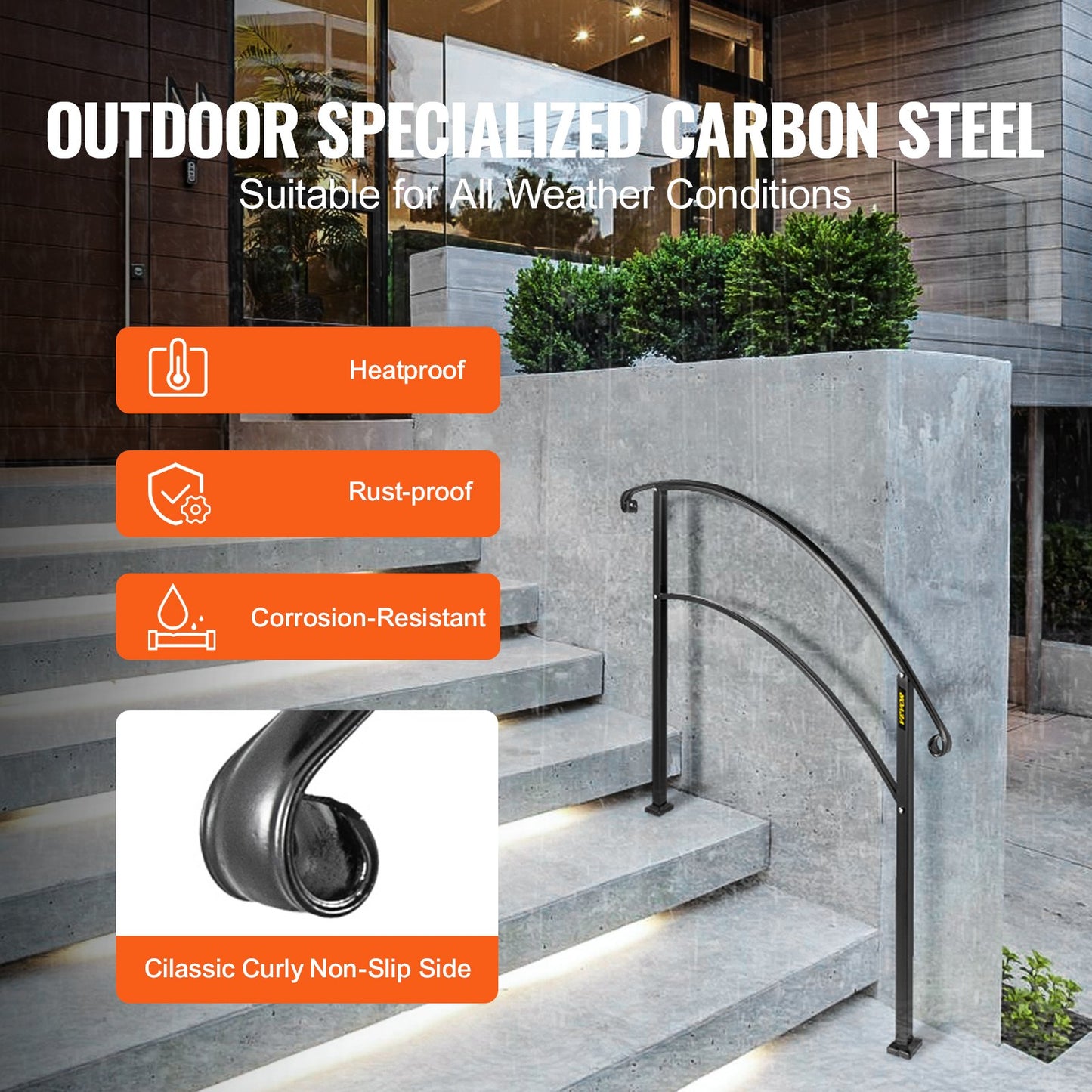 3FT Adjustable Wrought Iron Handrail Fits 3-Step Outdoor Stairs/Staircases