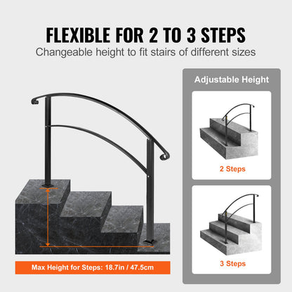3FT Adjustable Wrought Iron Handrail Fits 3-Step Outdoor Stairs/Staircases