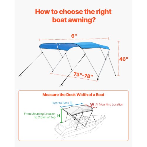3 Bow Boat Bimini Toppar 72"Lx(73"-78")B x 46"H Markiskapell Pacific Blue |  EU