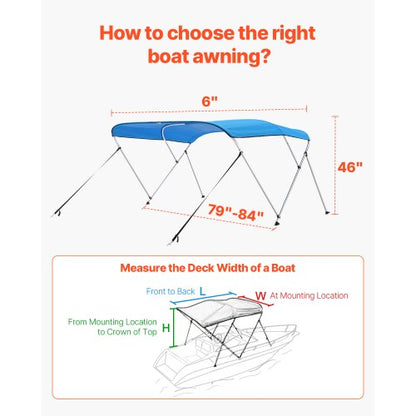 3 Bow Boat Bimini Toppar 72"Lx(79"-84")B x 46"H Markiskapell Pacific Blue |  EU