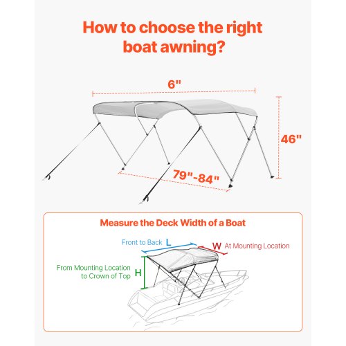 3 Bow Boat Bimini Toppar 72"Lx(79"-84")B x 46"H Markiskapell ljusgrå |  EU
