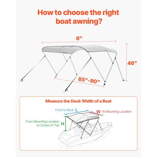 3 Bow Boat Bimini Toppar 72"Lx(85"-90")B x 46"H Markiskapell ljusgrå |  EU