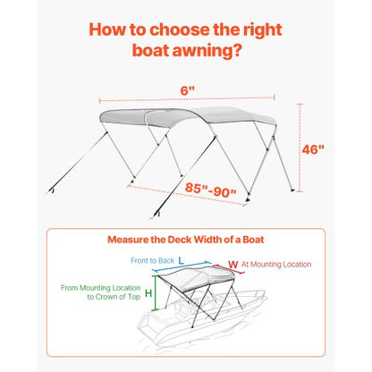 3 Bow Boat Bimini Toppar 72"Lx(85"-90")B x 46"H Markiskapell ljusgrå |  EU