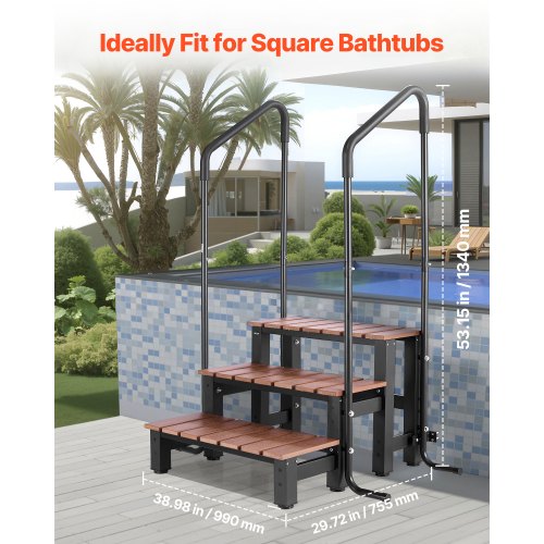 Steg för bubbelpool med ledstång, 3-stegs spa-trappa för utomhusbruk, kraftig 640,1 mm bred ovanmarks-/uppblåsbar poolstege med 249,5 kg viktkapacitet, mångsidig för veranda, uteplats, däck, husvagnar |  EU