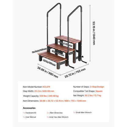 Steg för bubbelpool med ledstång, 3-stegs spa-trappa för utomhusbruk, kraftig 640,1 mm bred ovanmarks-/uppblåsbar poolstege med 249,5 kg viktkapacitet, mångsidig för veranda, uteplats, däck, husvagnar |  EU