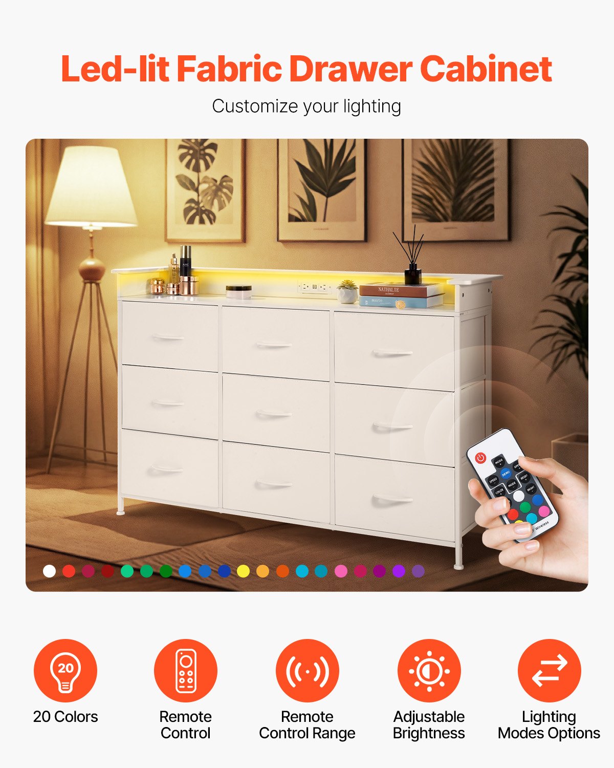 9 Lådbyrå Hög tyglåda Lådbyrå med Bin LED & Outlet Vit
