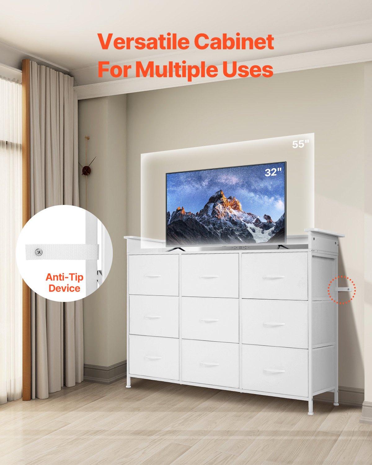9 Lådbyrå Hög tyglåda Lådbyrå med Bin LED & Outlet Vit