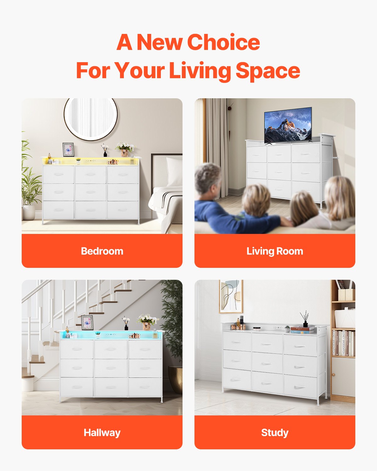 9 Lådbyrå Hög tyglåda Lådbyrå med Bin LED & Outlet Vit