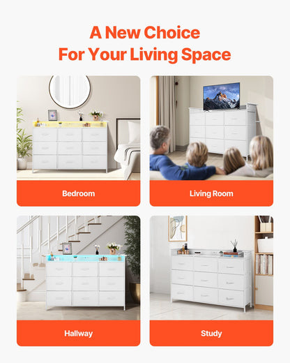9 Lådbyrå Hög tyglåda Lådbyrå med Bin LED & Outlet Vit