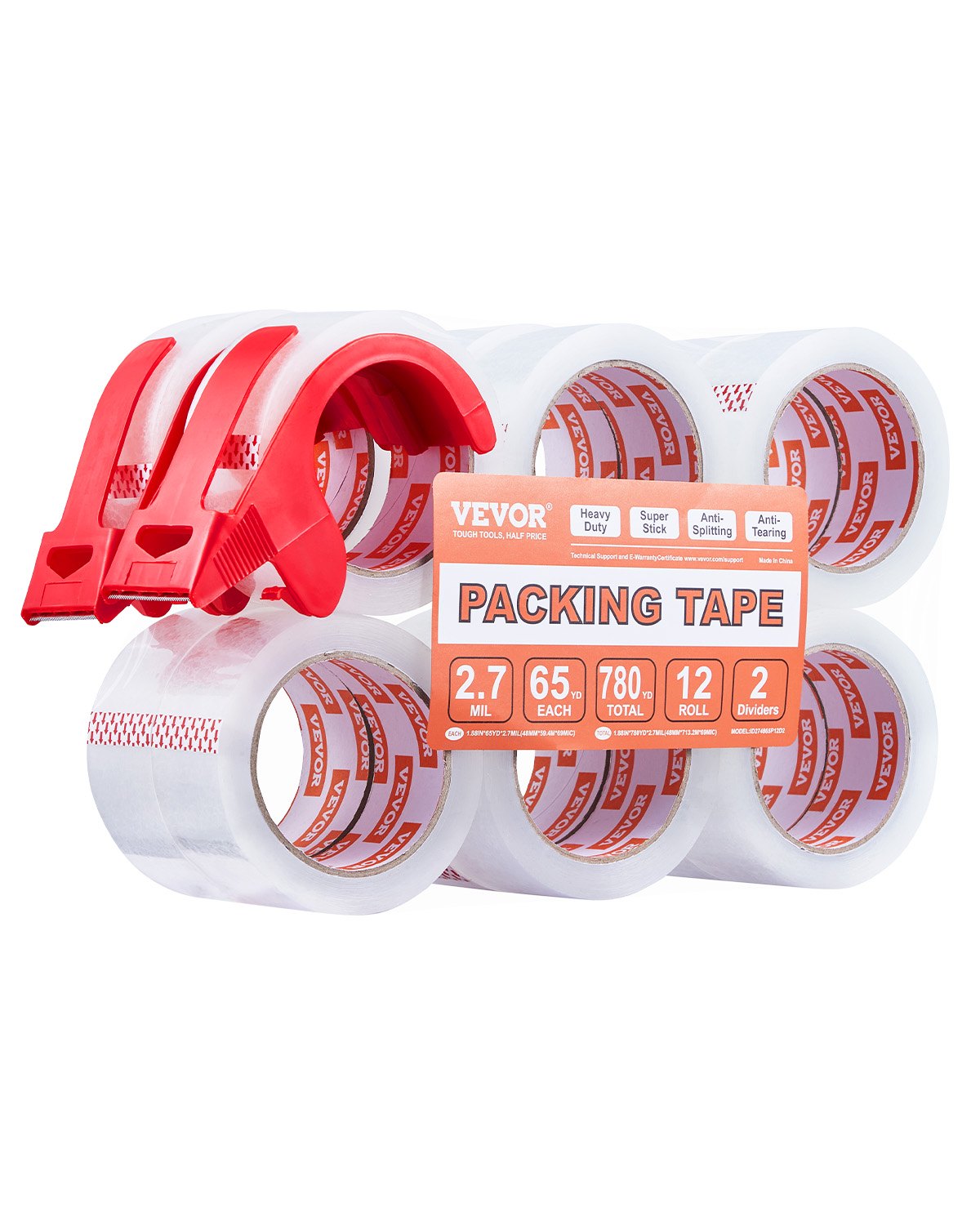 Packtejp 12 rullar 65 yards klar frakttejp med dispenser 2,7 mil