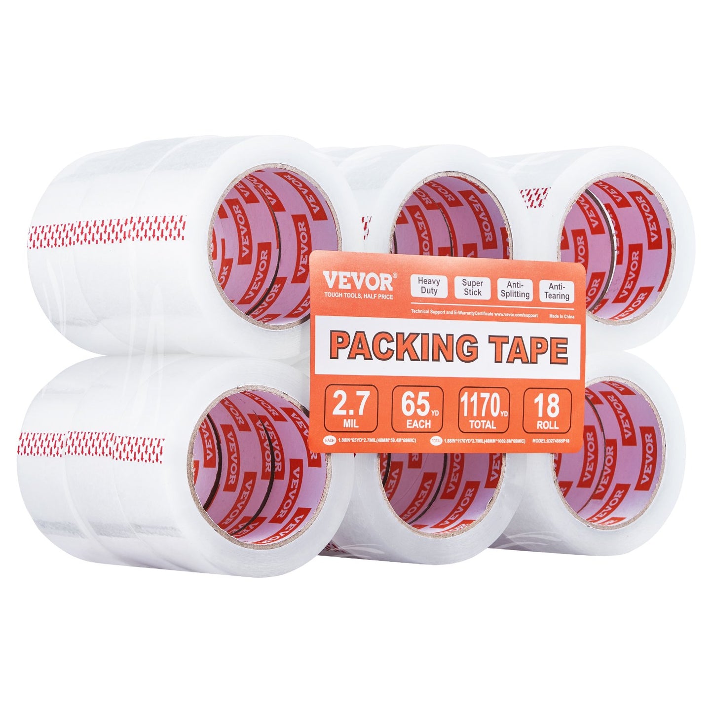 Packtejp 18 rullar 65 yards Heavy Duty klara packtejp 2,7 mil