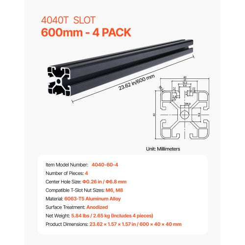 4PCS 23,6 tum (600 mm) T-spår 4040 Aluminium Extrusion Anodized Linear Rail |  EU