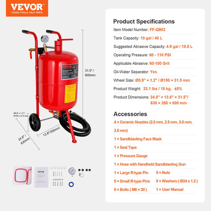 10 Gallon/38L sandbläster utrustad med munstyckesavstängningsventil Tryckmätare Keramiskt munstycke Gummihjul Kornblästring Blästring Sandblästring