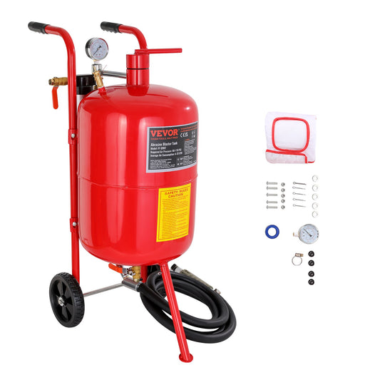 10 Gallon/38L sandbläster utrustad med munstyckesavstängningsventil Tryckmätare Keramiskt munstycke Gummihjul Kornblästring Blästring Sandblästring