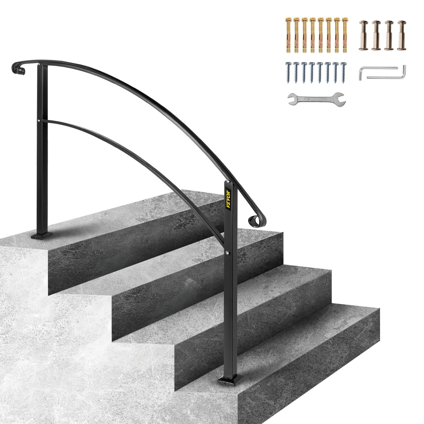 Adjustable Wrought Iron Transition Handrail Matte Black 4FT Fits 4 Steps