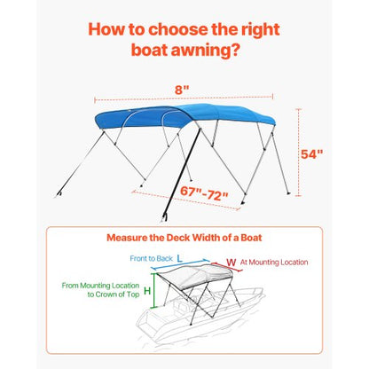 4 Bow Boat Bimini Toppar 96"Lx(67"-72")B x 54"H Markis Canopy Pacific Blue |  EU