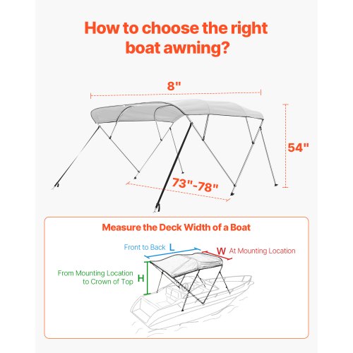 4 Bow Boat Bimini Toppar 96"Lx(73"-78")B x 54"H Markiskapell ljusgrå |  EU