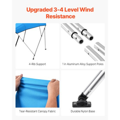 Biminitopp för båt med 4 bogar, 236 cm L x (183-198 cm B x 143 cm H, markis, Pacific Blue |  EU