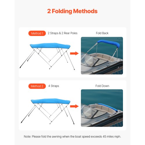 Biminitopp för båt med 4 bogar, 236 cm L x (183-198 cm B x 143 cm H, markis, Pacific Blue |  EU