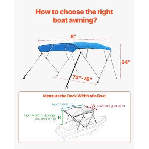 Biminitopp för båt med 4 bogar, 236 cm L x (183-198 cm B x 143 cm H, markis, Pacific Blue |  EU