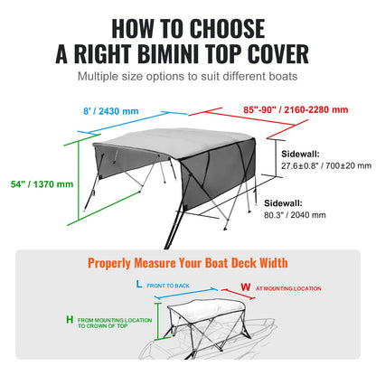 4 Bow Bimini Top Boat Cover, Removable Mesh Sidewalls, 600D Polyester Canopy with 1" Aluminum Alloy Frame, Includes Storage Boot, 2 Support Posts, 2 Straps, 8'L x 54"H x 85"-90"W, Light Gray