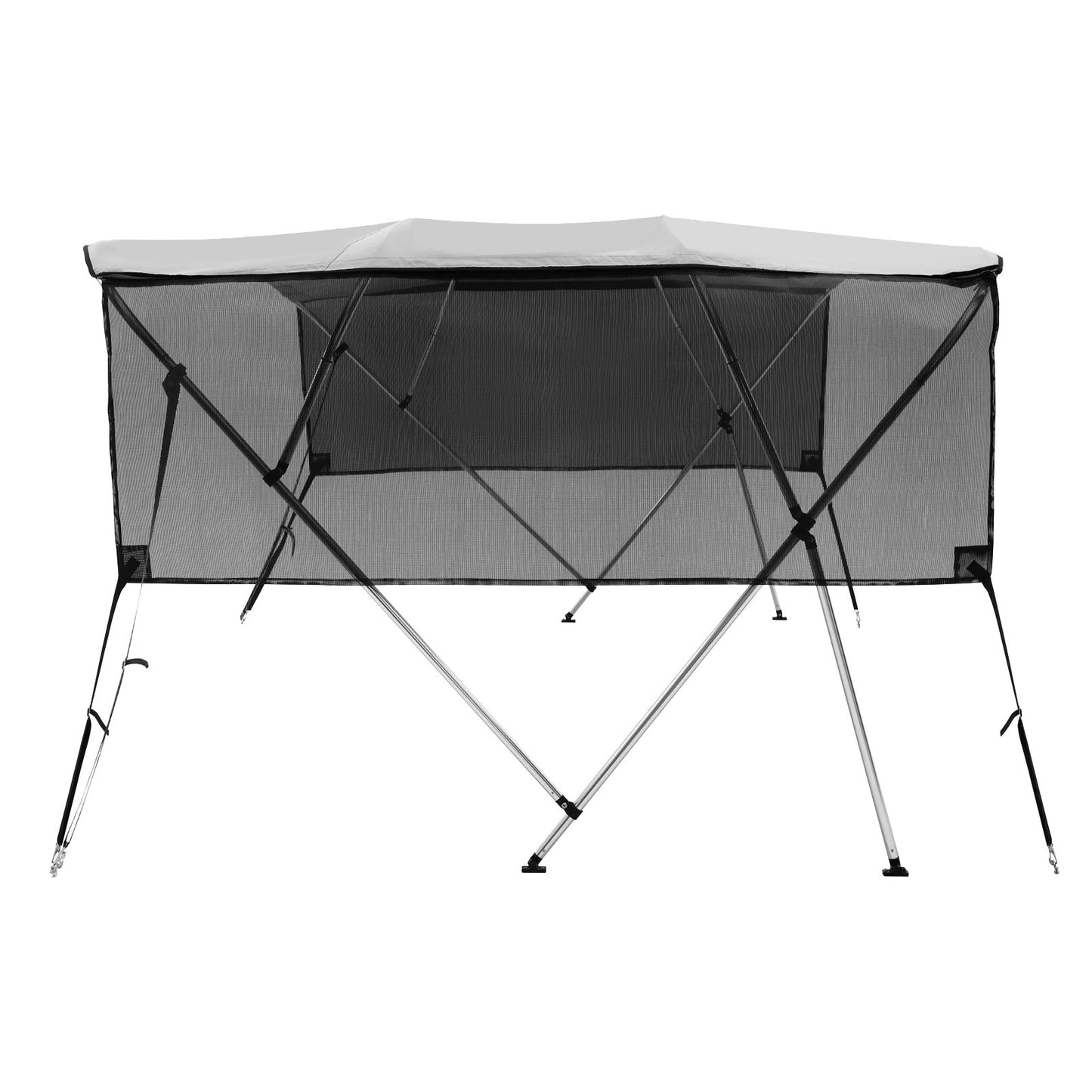 4 Bow Bimini Top Boat Cover, Removable Mesh Sidewalls, 600D Polyester Canopy with 1" Aluminum Alloy Frame, Includes Storage Boot, 2 Support Posts, 2 Straps, 8'L x 54"H x 85"-90"W, Light Gray