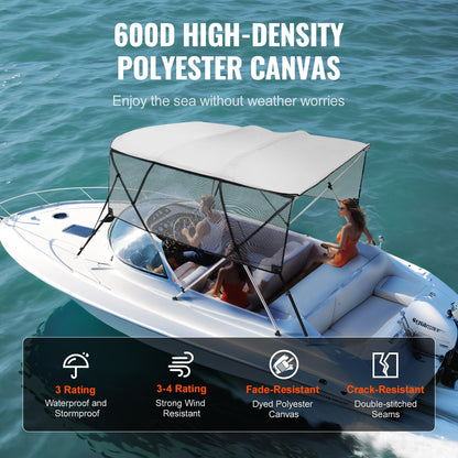 4 Bow Bimini Top Boat Cover, Removable Mesh Sidewalls, 600D Polyester Canopy with 1" Aluminum Alloy Frame, Includes Storage Boot, 2 Support Posts, 2 Straps, 8'L x 54" H x 91"-96" W, Light Gray