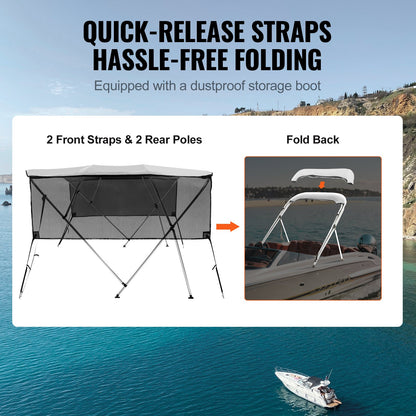 4 Bow Bimini Top Boat Cover, Removable Mesh Sidewalls, 600D Polyester Canopy with 1" Aluminum Alloy Frame, Includes Storage Boot, 2 Support Posts, 2 Straps, 8'L x 54" H x 91"-96" W, Light Gray
