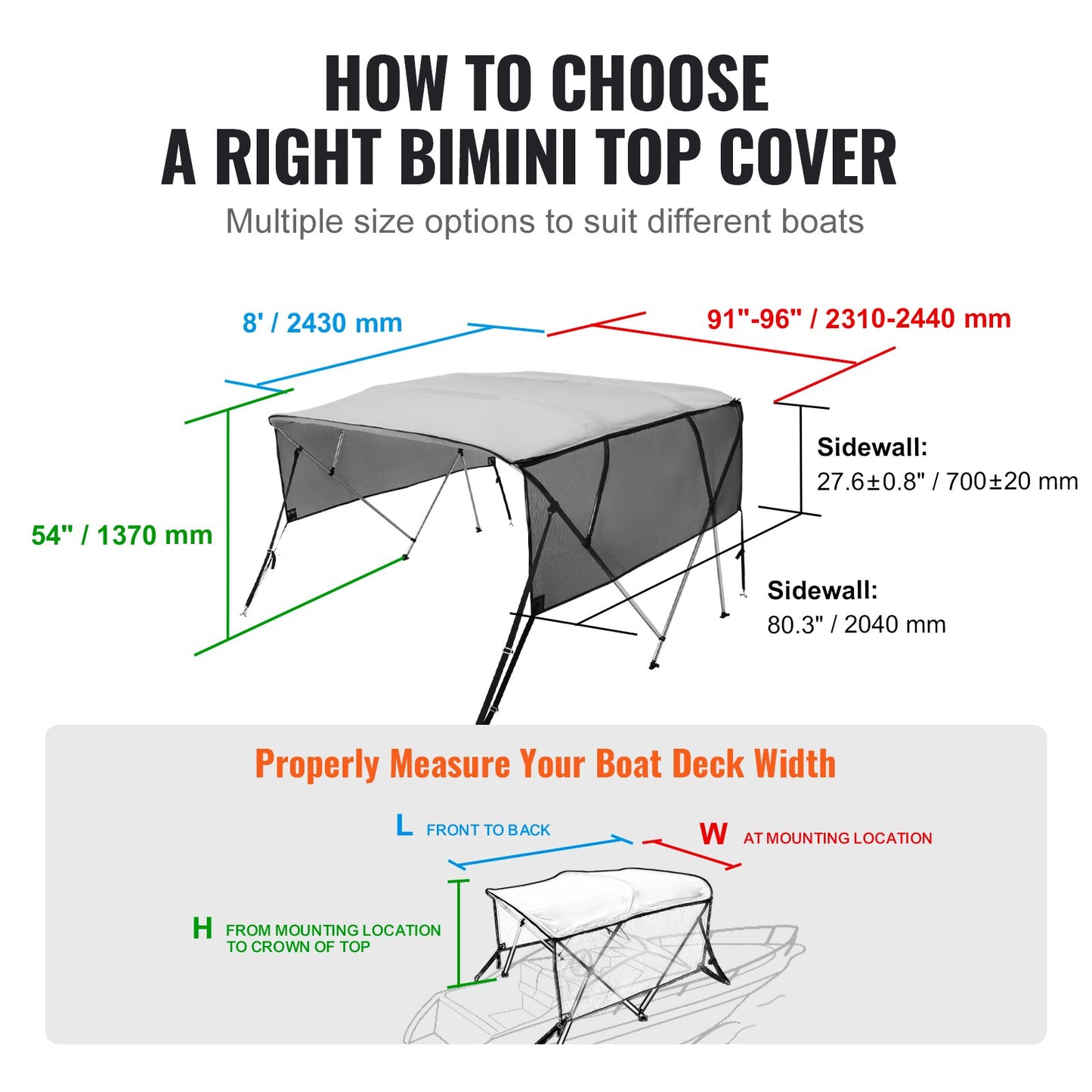 4 Bow Bimini Top Boat Cover, Removable Mesh Sidewalls, 600D Polyester Canopy with 1" Aluminum Alloy Frame, Includes Storage Boot, 2 Support Posts, 2 Straps, 8'L x 54" H x 91"-96" W, Light Gray