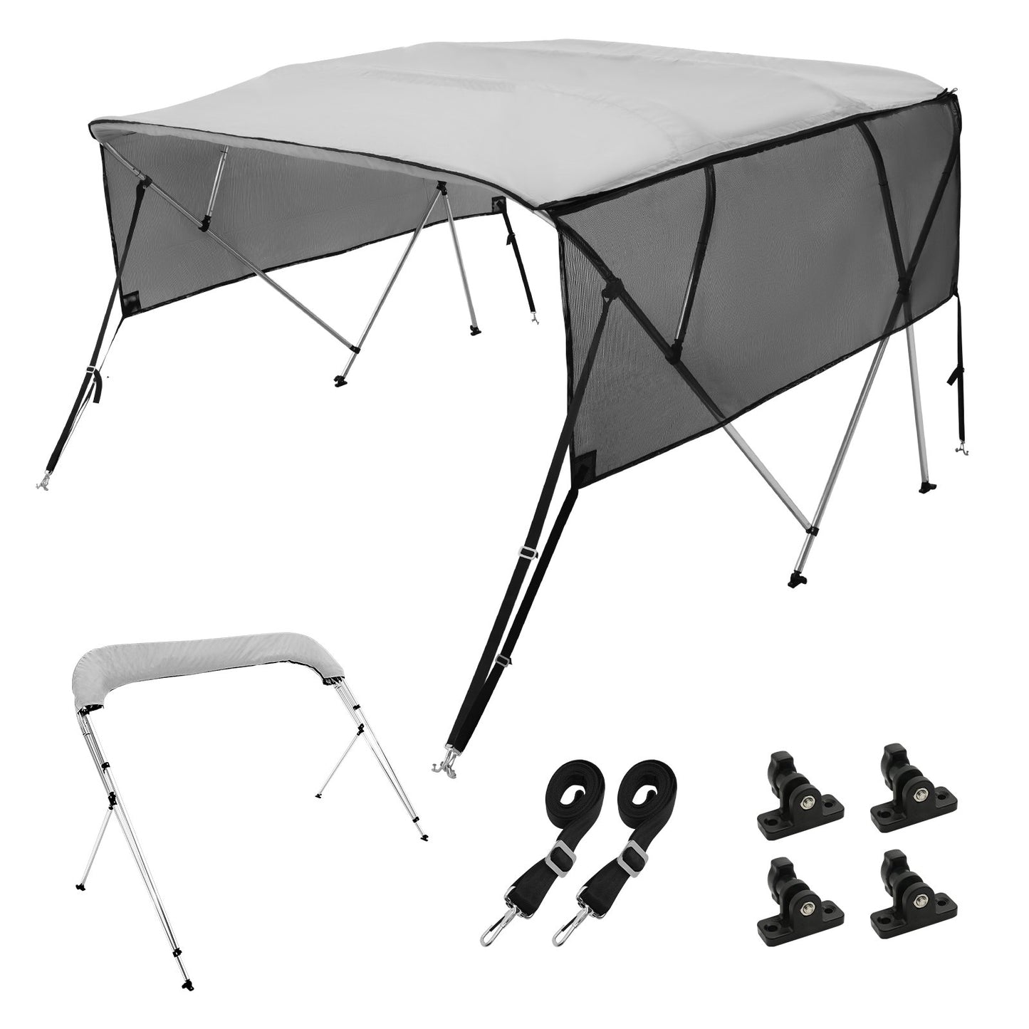 4 Bow Bimini Top Boat Cover, Removable Mesh Sidewalls, 600D Polyester Canopy with 1" Aluminum Alloy Frame, Includes Storage Boot, 2 Support Posts, 2 Straps, 8'L x 54" H x 91"-96" W, Light Gray