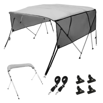 4 Bow Bimini Top Boat Cover, Removable Mesh Sidewalls, 600D Polyester Canopy with 1" Aluminum Alloy Frame, Includes Storage Boot, 2 Support Posts, 2 Straps, 8'L x 54" H x 91"-96" W, Light Gray