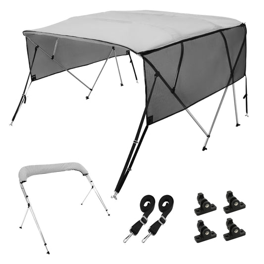 4 Bow Bimini Top Boat Cover, Removable Mesh Sidewalls, 600D Polyester Canopy with 1" Aluminum Alloy Frame, Includes Storage Boot, 2 Support Posts, 2 Straps, 8'L x 54" H x 91"-96" W, Light Gray