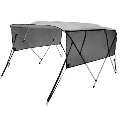 4 Bow Bimini Top Boat Cover, Removable Mesh Sidewalls, 600D Polyester Canopy with 1" Aluminum Alloy Frame, Includes Storage Boot, 2 Support Posts, 2 Straps, 8'L x 54" H x 91"-96" W, Light Gray