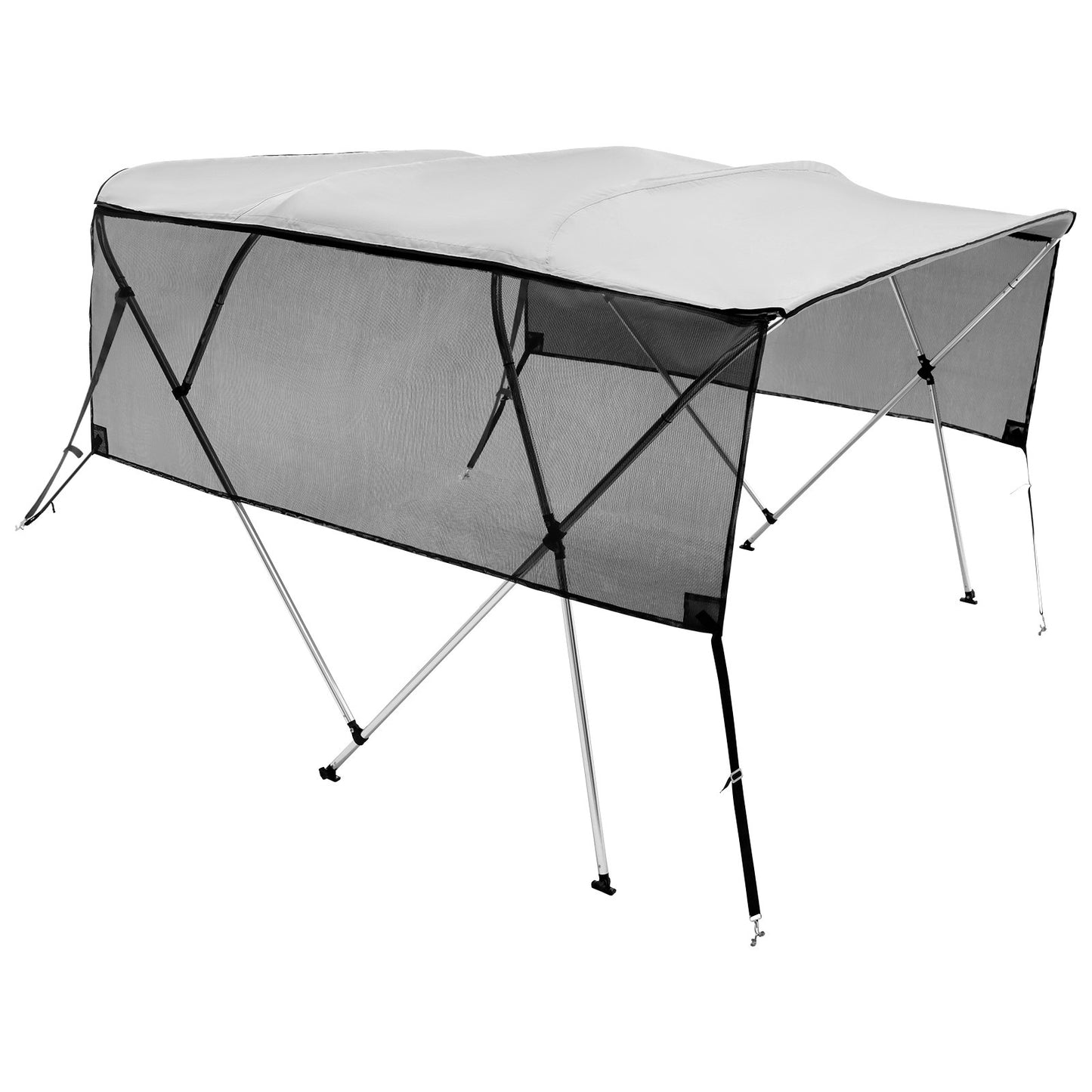 4 Bow Bimini Top Boat Cover, Removable Mesh Sidewalls, 600D Polyester Canopy with 1" Aluminum Alloy Frame, Includes Storage Boot, 2 Support Posts, 2 Straps, 8'L x 54" H x 91"-96" W, Light Gray