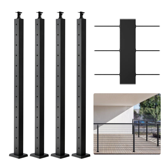 4er-Pack Kabelgeländerpfosten 42x2x2 Zoll Stahl horizontales Loch Deckgeländerpfosten