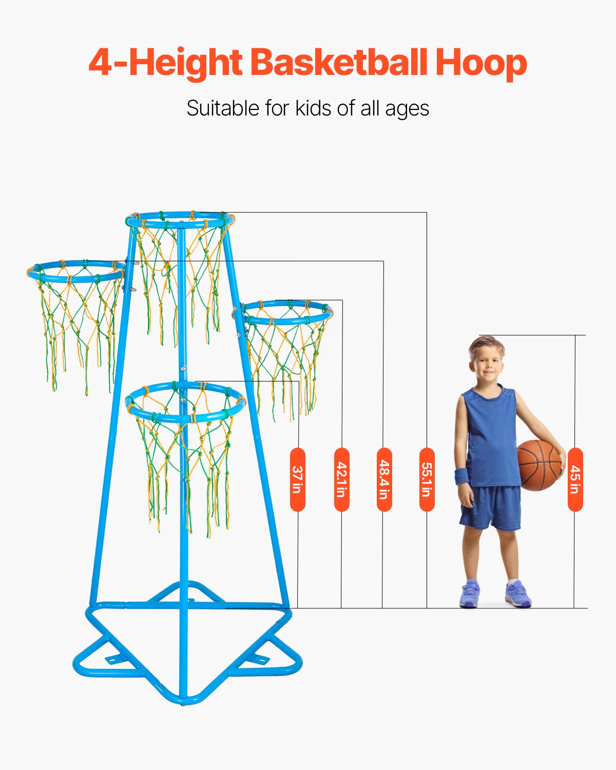 Kids Basket Hoop 4-Hoop Portable Basketball Stand Adjustable in Heights