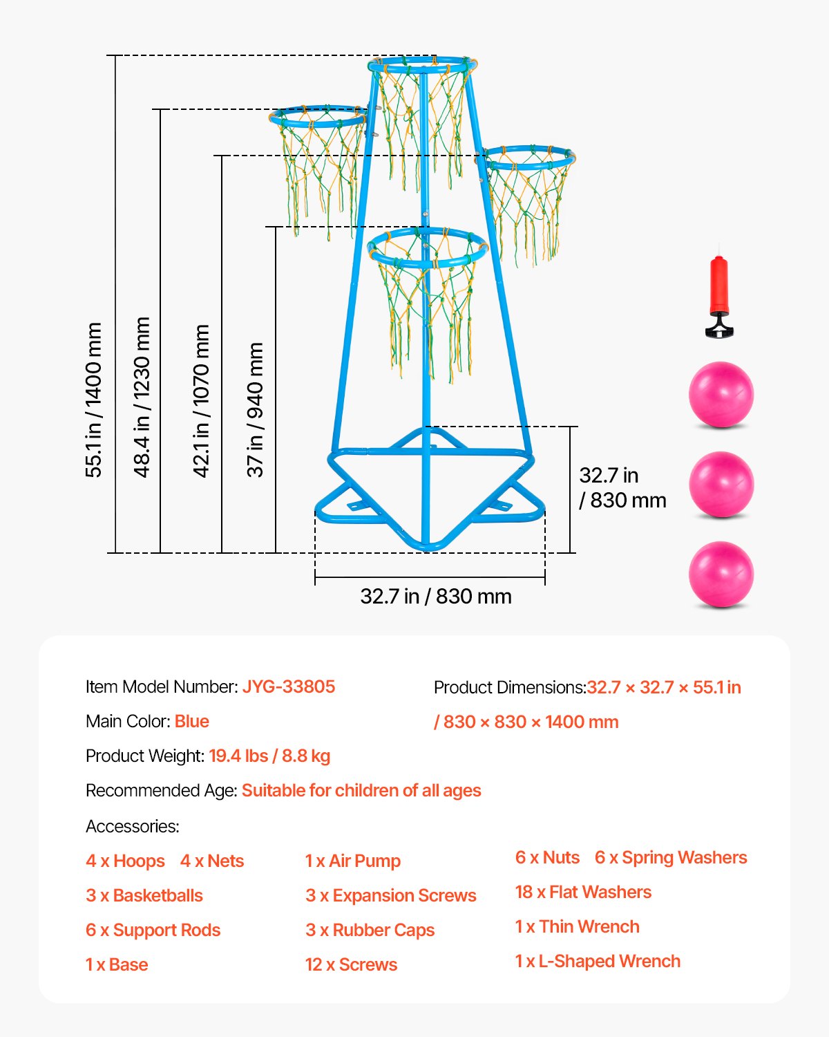 Kids Basket Hoop 4-Hoop Portable Basketball Stand Adjustable in Heights