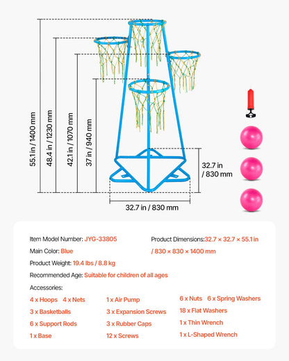 Kids Basket Hoop 4-Hoop Portable Basketball Stand Adjustable in Heights