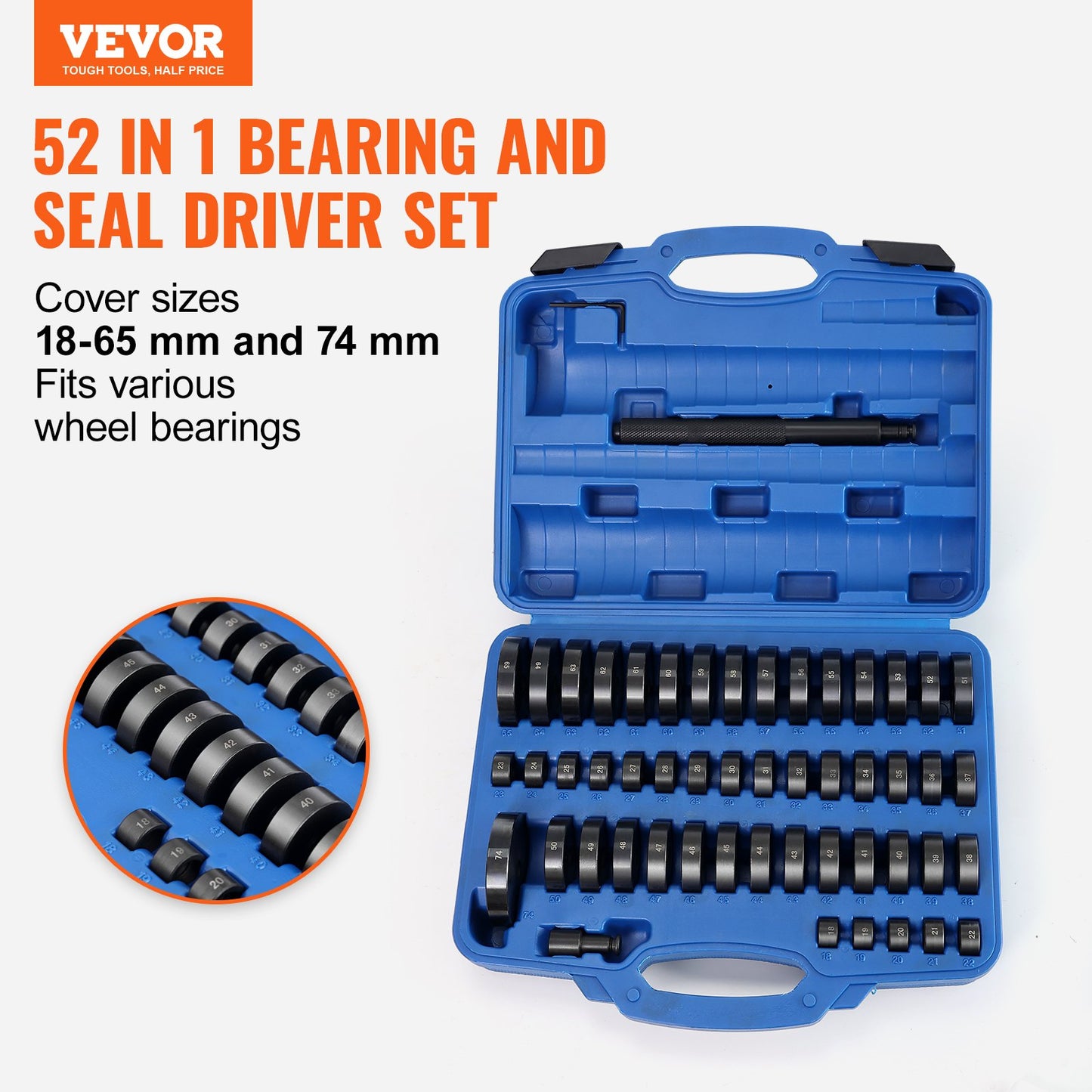 52PCS Custom Busing Bearing & Seal Driver Set, Transmission Hjul Axle Bearing Race, Seal Driver Installer Remover, 18-65 mm & 74 mm Metriska skivor Bussning Borttagning avdragare Lager Press Tool Kit