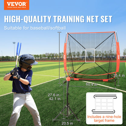 5x5 ft baseball softball träningsnät, bärbart baseball träningsnät för att slå Batting Catching Pitching, Backstop baseball utrustning med båge ram, bärväska, Strike Zone, Ball, Batting Tee