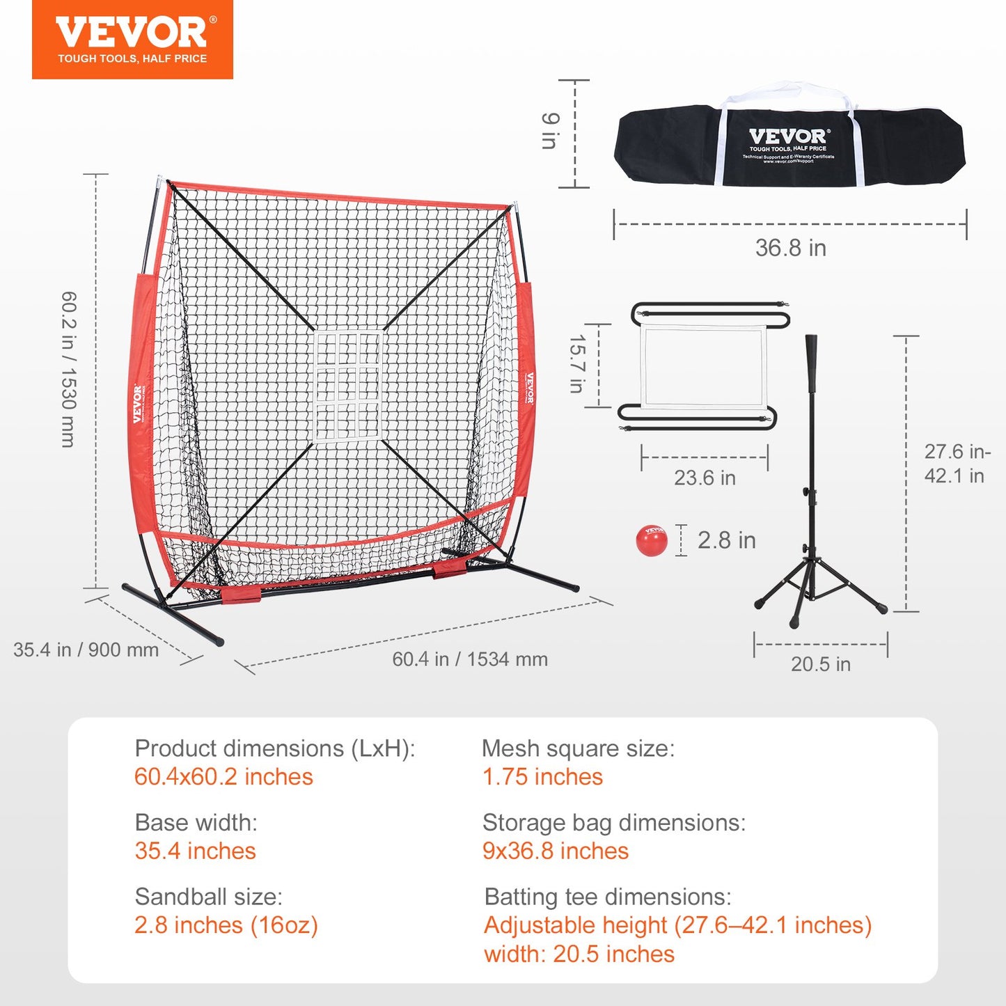 5x5 ft baseball softball träningsnät, bärbart baseball träningsnät för att slå Batting Catching Pitching, Backstop baseball utrustning med båge ram, bärväska, Strike Zone, Ball, Batting Tee