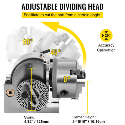 BS-0 Precision Dividing Head, Horizontal Dividing Head with 3-Jaw Chuck, MT2 End Mill BS-0 5" Semi-Universal Dividing Head for Milling Machine Gear Cutting