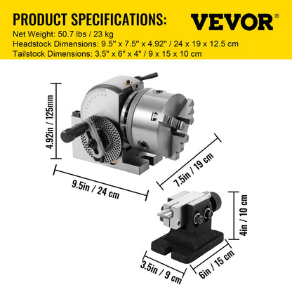 BS-0 Precision Dividing Head, Horizontal Dividing Head with 3-Jaw Chuck, MT2 End Mill BS-0 5" Semi-Universal Dividing Head for Milling Machine Gear Cutting