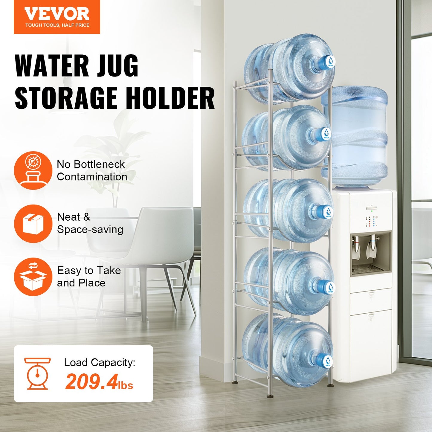 5-Tier Water Bottle Holder Single Row Water Bottle Rack for 5 Bottles Silver