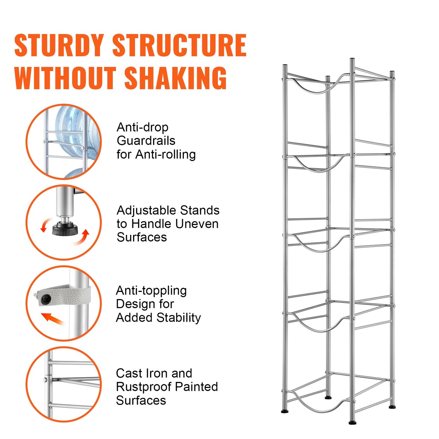 5-Tier Water Bottle Holder Single Row Water Bottle Rack for 5 Bottles Silver