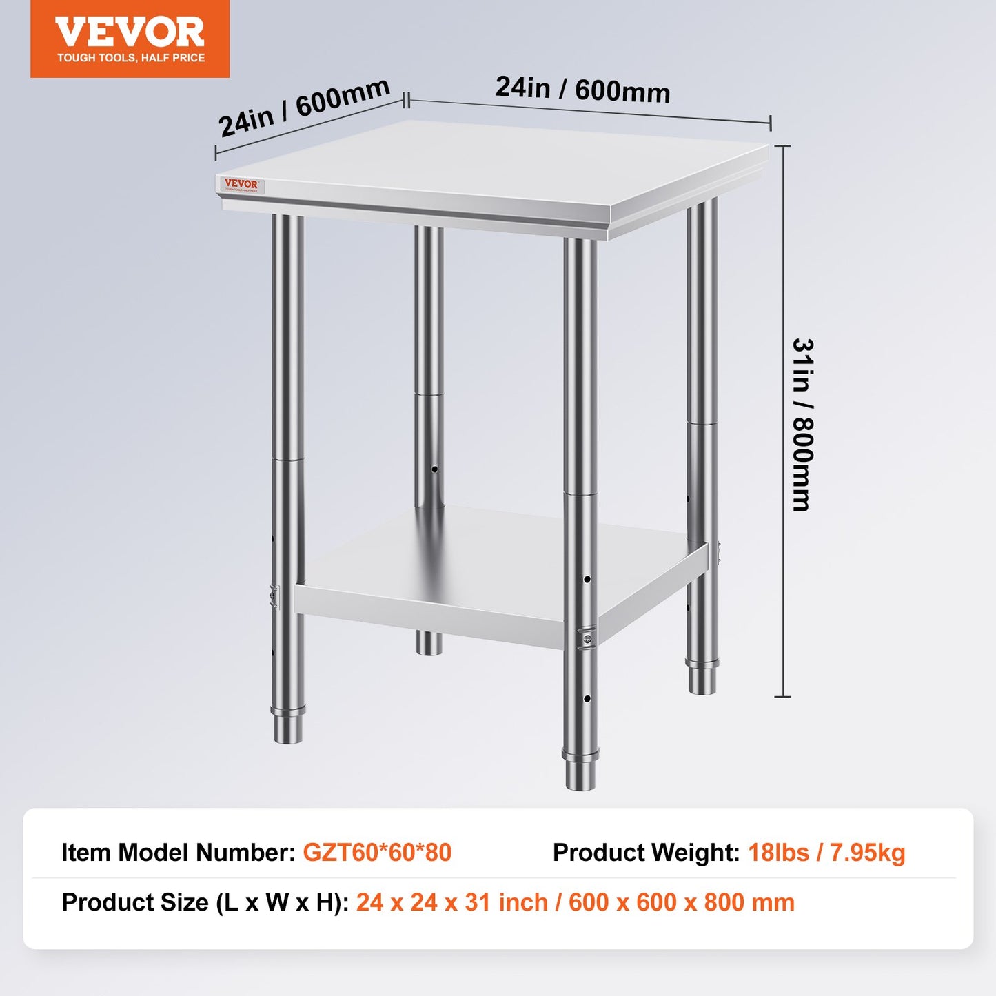 Arbetsbord 24 x 24 x 32 tum NSF-arbetsbord i rostfritt stål för kommersiellt kök Prep-arbetsbänk 60X60X80 cm med nedre hyllan Arbetsbord Silverfärgat för kommersiellt kök Restaurang